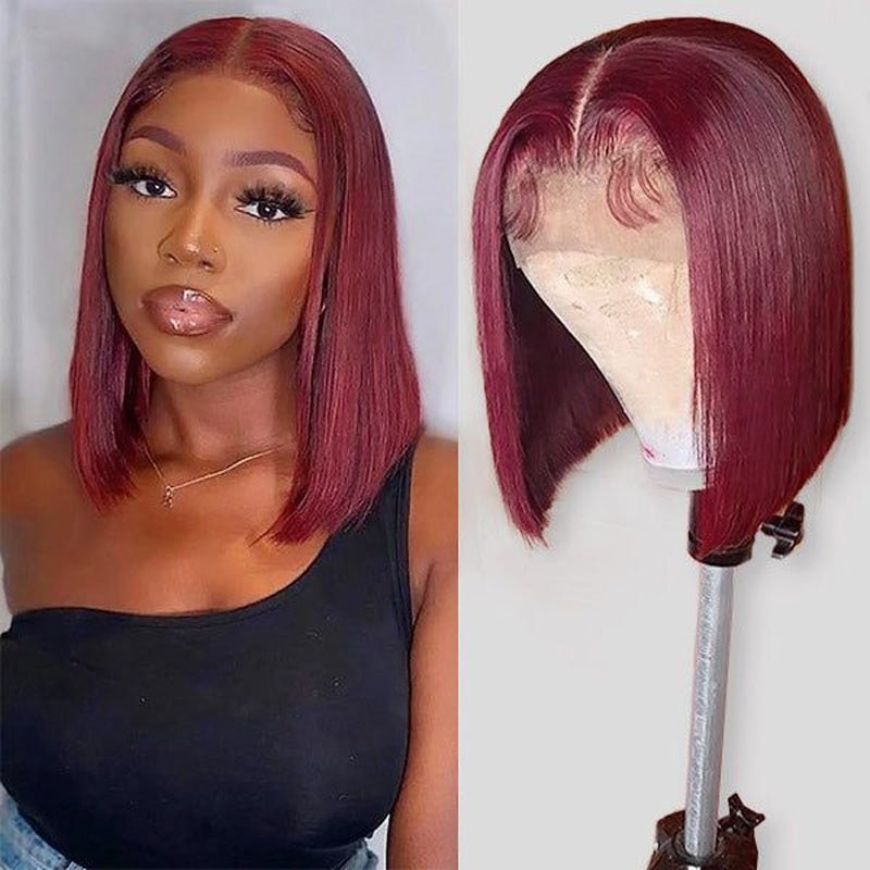 Ulike Hair Burgundy 99J Short Bob Wigs Silk Straight 4x4 13x4 Lace Closure Wigs For Women