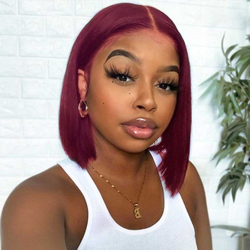 Ulike Hair Burgundy 99J Short Bob Wigs Silk Straight 4x4 13x4 Lace Closure Wigs For Women