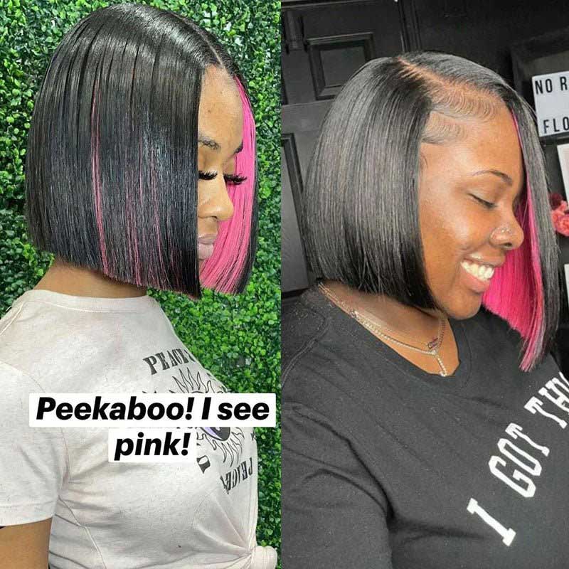 Ulike Hidden Color Straight Bob Wigs 4x4 13x4 Lace Wigs With Red/Pink/Blue Peekaboo Highlights