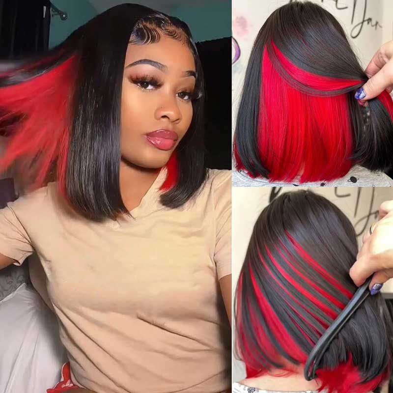 Ulike Hidden Color Straight Bob Wigs 4x4 13x4 Lace Wigs With Red/Pink/Blue Peekaboo Highlights