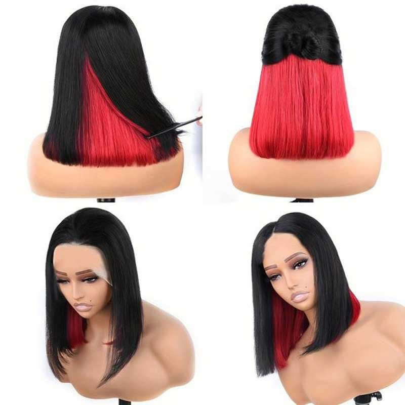 Ulike Hidden Color Straight Bob Wigs 4x4 13x4 Lace Wigs With Red/Pink/Blue Peekaboo Highlights