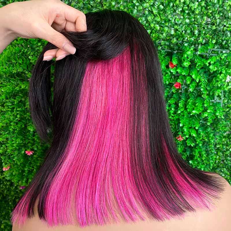 Ulike Hidden Color Straight Bob Wigs 4x4 13x4 Lace Wigs With Red/Pink/Blue Peekaboo Highlights