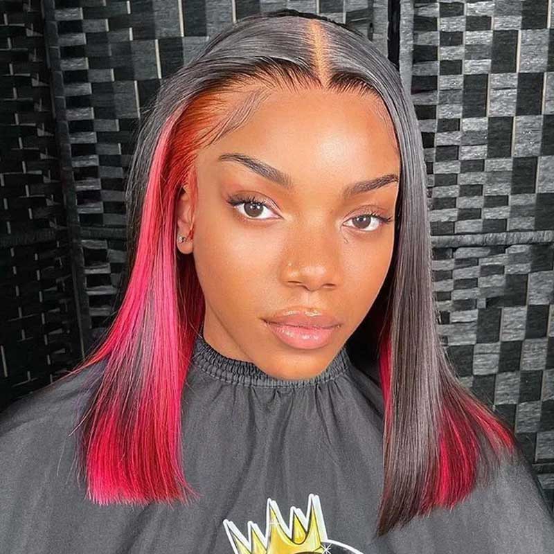 Ulike Hidden Color Straight Bob Wigs 4x4 13x4 Lace Wigs With Red/Pink/Blue Peekaboo Highlights