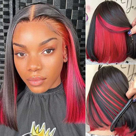 Ulike Hidden Color Straight Bob Wigs 4x4 13x4 Lace Wigs With Red/Pink/Blue Peekaboo Highlights