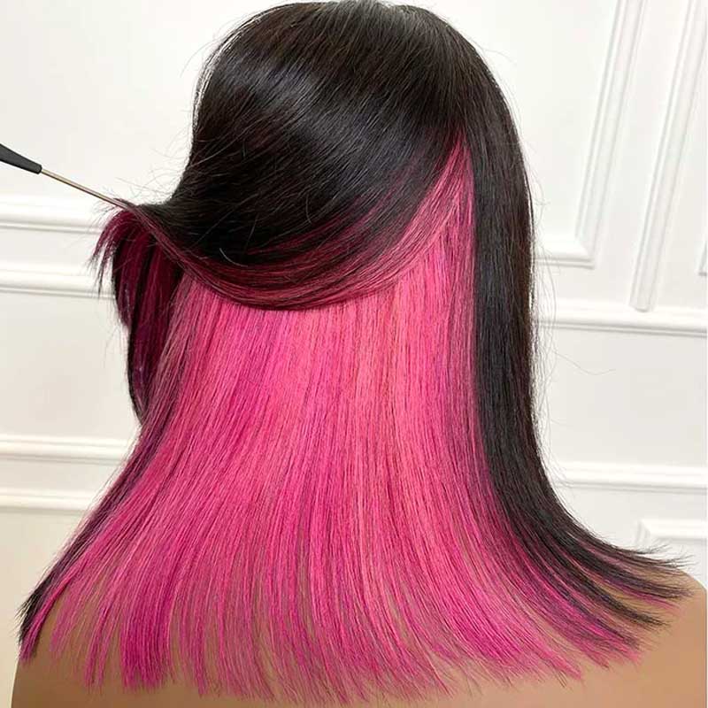 Ulike Hidden Color Straight Bob Wigs 4x4 13x4 Lace Wigs With Red/Pink/Blue Peekaboo Highlights