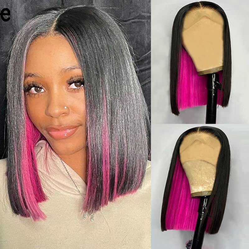 Ulike Hidden Color Straight Bob Wigs 4x4 13x4 Lace Wigs With Red/Pink/Blue Peekaboo Highlights