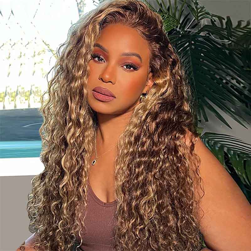 Ulike Blonde Highlight 360 Transparent Lace Wigs Pre Plucked Water Wave Hair Wigs