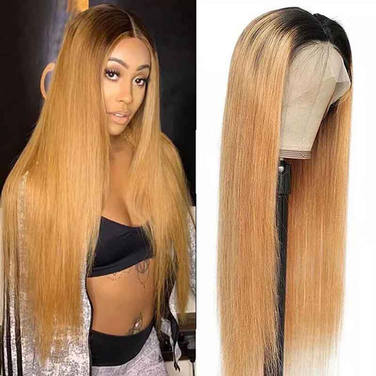 Ulike Honey Blonde T1B/27 Full Lace Straight Wigs Ombre Colored Lace Wigs Human Hair 180% Density