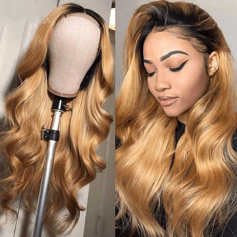 Ulike Honey Blonde 1B/27 Ombre Colored Hair Wigs Straight And Body Wave 13×4 Lace Front Wigs New Style 180% Density