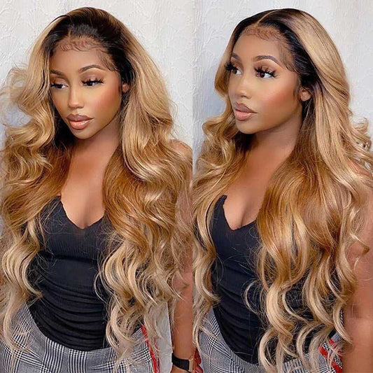 Ulike Honey Blonde 1B/27 Ombre Colored Hair Wigs Straight And Body Wave 13×4 Lace Front Wigs New Style 180% Density