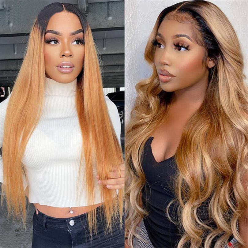 Ulike Honey Blonde 1B/27 Ombre Colored Hair Wigs Straight And Body Wave 13×4 Lace Front Wigs New Style 180% Density