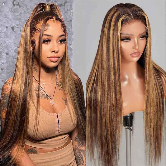 Ulike Honey Blonde Highlight Wigs Human Hair Straight 360 Transparent Lace Wigs Pre Plucked