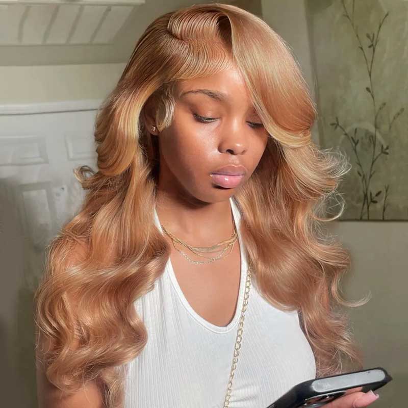 Ulike Light Flaxen Brown 13x4 Transparent Lace Front Wigs Human Hair Body Wave Wigs 180% Density