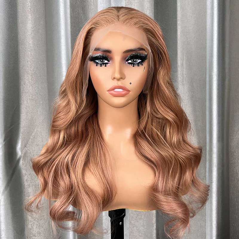 Ulike Light Flaxen Brown 13x4 Transparent Lace Front Wigs Human Hair Body Wave Wigs 180% Density