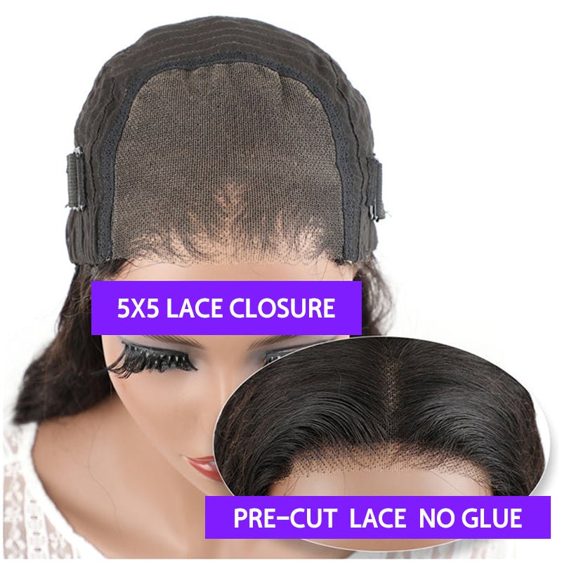 ulike No Glue Wear And Go Kinky Straight 5X5 Pre Cut Lace Closure Wigs 180% Density