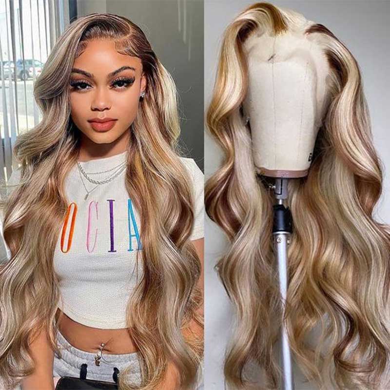 Ulike Body Wave Hair P4/613 Blonde Highlights 13x4 Transparent Lace Frontal Wigs