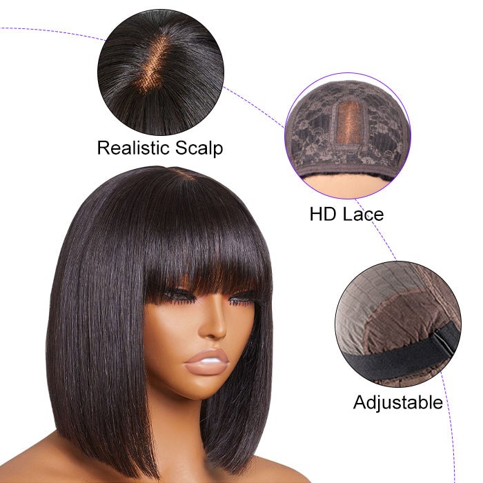 ulike Short Yaki Straight Bob Wigs With Bangs Minimalist Undetectable Lace Glueless Bob Wigs