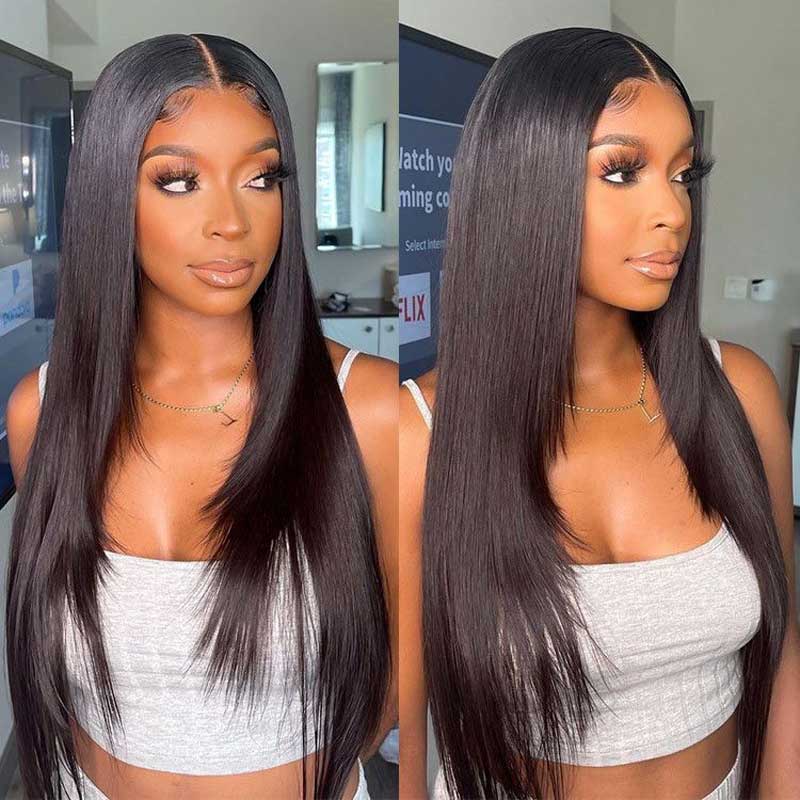 Ulike Trendy Layered Cut Straight 360 Lace Front Wigs 100% Human Hair Natural Black Wigs