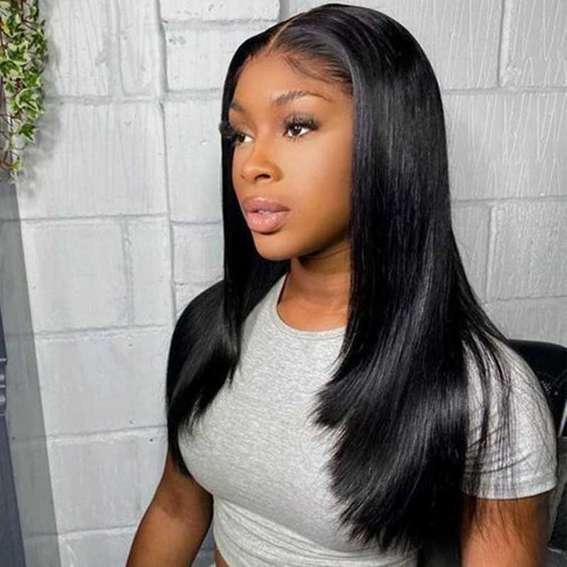 Ulike Trendy Layered Cut Straight 360 Lace Front Wigs 100% Human Hair Natural Black Wigs