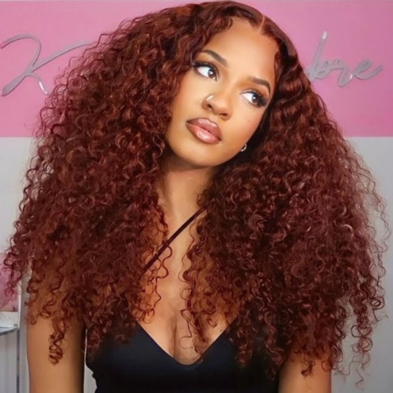 Ulike 13x4 Kinky Curly Lace Front Wig Auburn Brown Color Transparent Lace Wig 180% Density