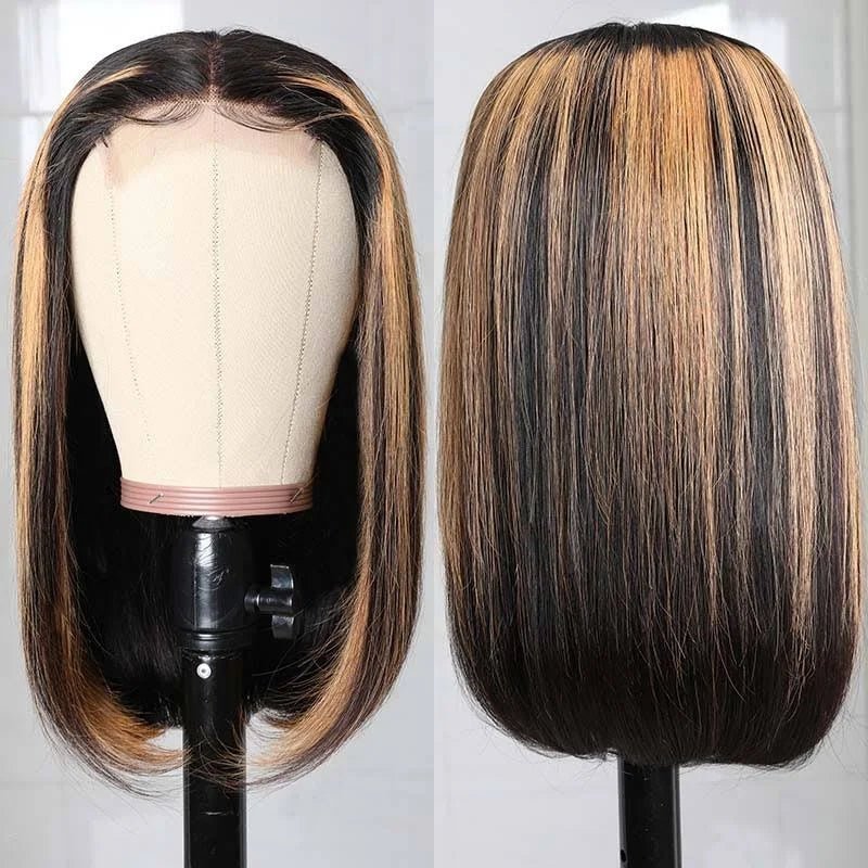 Black Wig With Blonde Highlights Short Bob Wigs Brazilian Human Hair Glueless Lace Wig Pre Plucked Ready To Wear