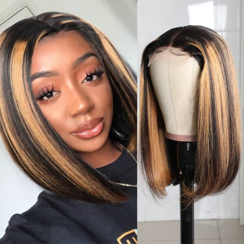 Black Wig With Blonde Highlights Short Bob Wigs Brazilian Human Hair Glueless Lace Wig Pre Plucked Ready To Wear