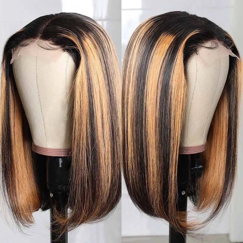 Black Wig With Blonde Highlights Short Bob Wigs Brazilian Human Hair Glueless Lace Wig Pre Plucked Ready To Wear