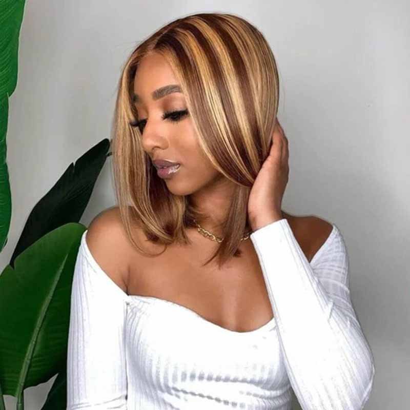 Blonde Highlight Bob Wigs Human Hair Brazilian Ombre Glueless Lace Wig Pre Plucked Ready To Wear