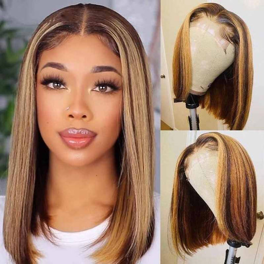 Blonde Highlight Bob Wigs Human Hair Brazilian Ombre Glueless Lace Wig Pre Plucked Ready To Wear