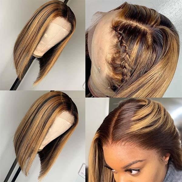 Blonde Highlight Bob Wigs Human Hair Brazilian Ombre Glueless Lace Wig Pre Plucked Ready To Wear