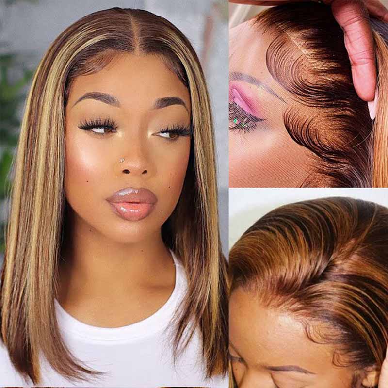 Blonde Highlight Bob Wigs Human Hair Brazilian Ombre Glueless Lace Wig Pre Plucked Ready To Wear