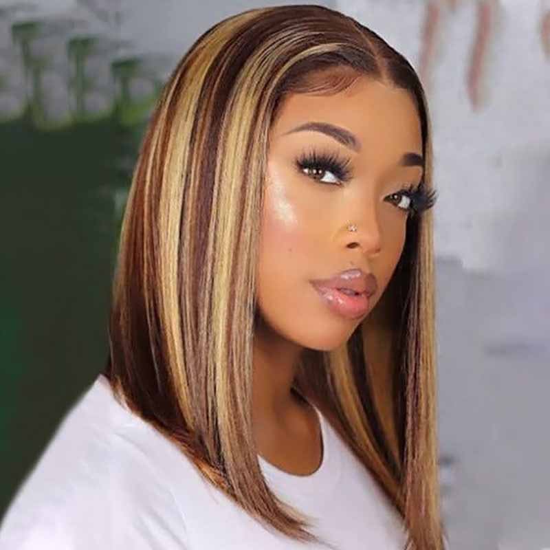 Blonde Highlight Bob Wigs Human Hair Brazilian Ombre Glueless Lace Wig Pre Plucked Ready To Wear