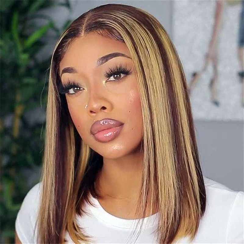 Blonde Highlight Bob Wigs Human Hair Brazilian Ombre Glueless Lace Wig Pre Plucked Ready To Wear