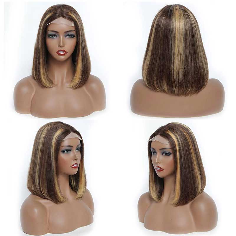 Blonde Highlight Bob Wigs Human Hair Brazilian Ombre Glueless Lace Wig Pre Plucked Ready To Wear