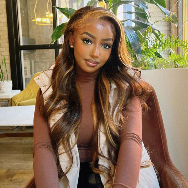 Brown Wig with Highlights Body Wave 13x4 Lace Front Wig 4×4 Closure Wig