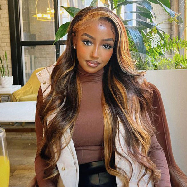 Brown Wig with Highlights Body Wave 13x4 Lace Front Wig 4×4 Closure Wig