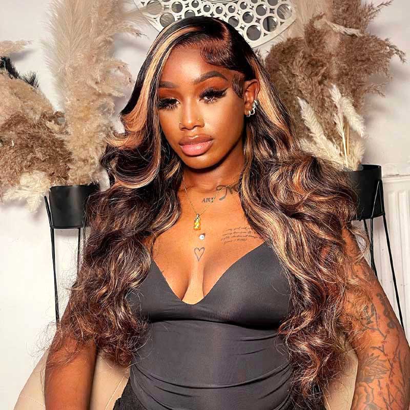 Brown Highlight Brazilian Body Wave Lace Front Human Hair Wigs For Black Women Pre plucked