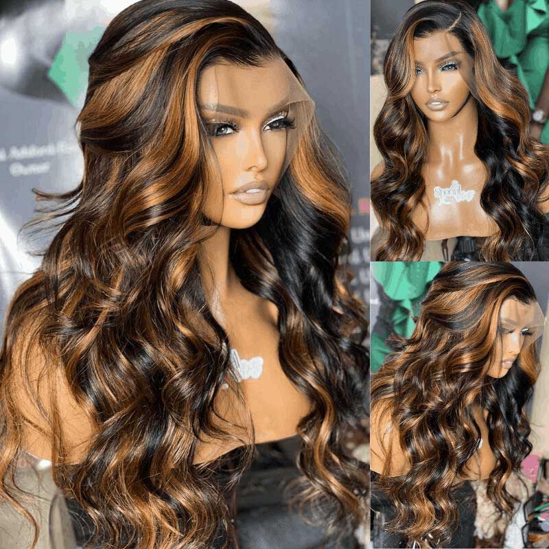 Brown Highlight Brazilian Body Wave Lace Front Human Hair Wigs For Black Women Pre plucked