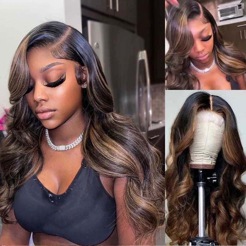 Brown Highlight Brazilian Body Wave Lace Front Human Hair Wigs For Black Women Pre plucked