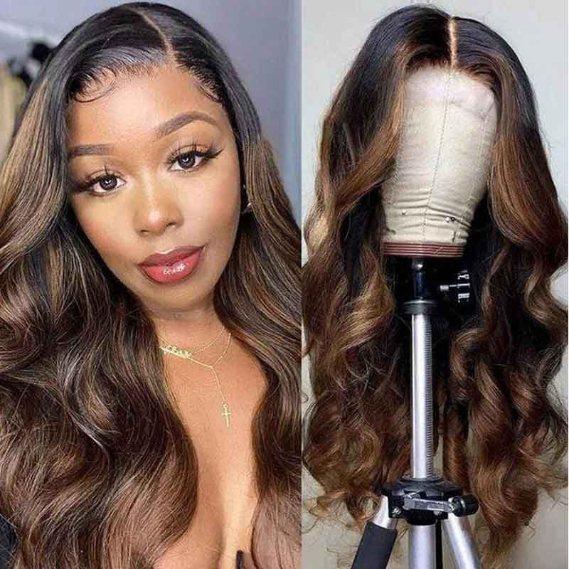 Brown Highlight Brazilian Body Wave Lace Front Human Hair Wigs For Black Women Pre plucked