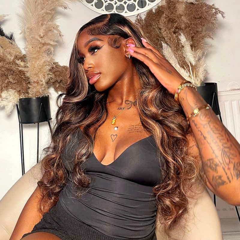 Brown Highlight Brazilian Body Wave Lace Front Human Hair Wigs For Black Women Pre plucked