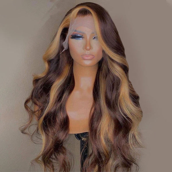 Brown Wig with Highlights Body Wave 13x4 Lace Front Wig 4×4 Closure Wig