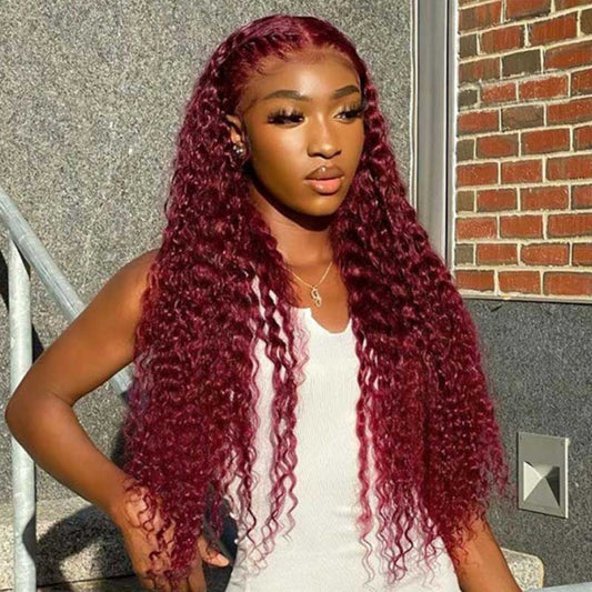 Burgundy Deep Wave Lace Frontal Wigs Human Hair 99J Colored