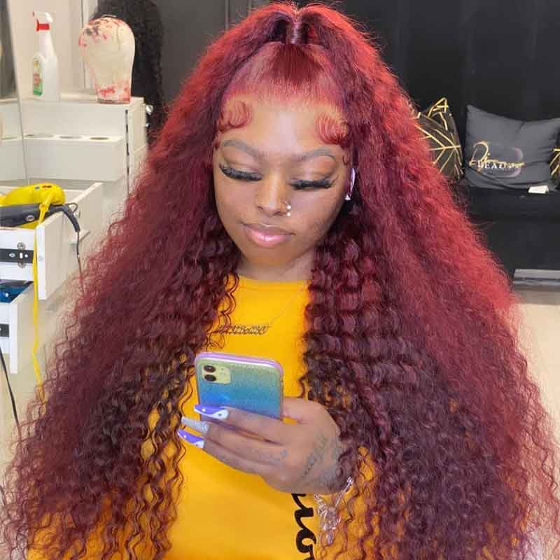 Burgundy Deep Wave Lace Frontal Wigs Human Hair 99J Colored