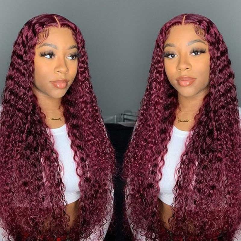 Burgundy Deep Wave Lace Frontal Wigs Human Hair 99J Colored