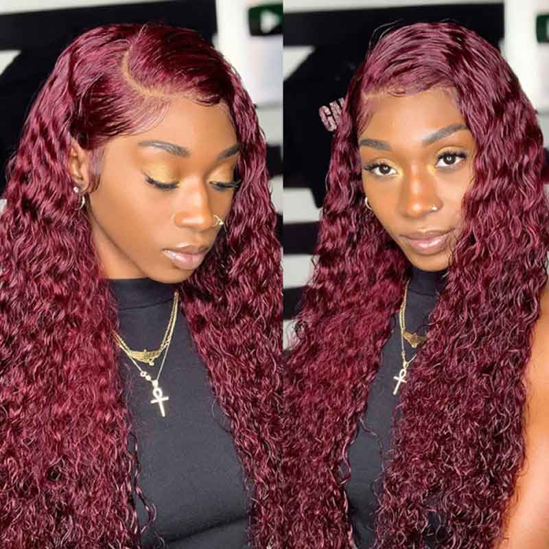 Burgundy Deep Wave Lace Frontal Wigs Human Hair 99J Colored