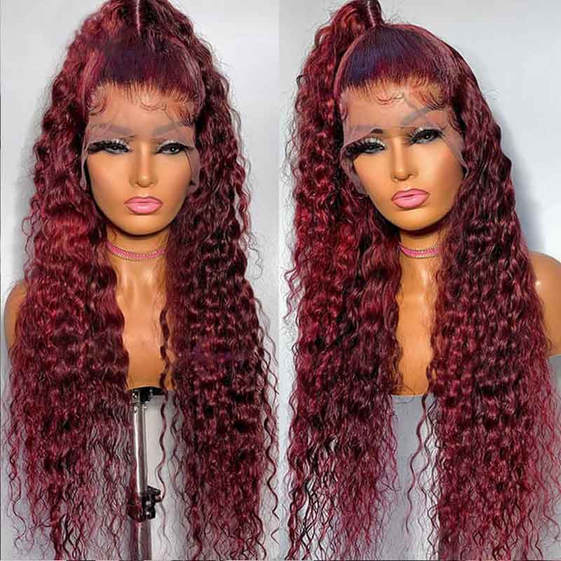 Burgundy Deep Wave Lace Frontal Wigs Human Hair 99J Colored