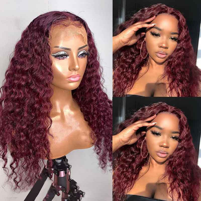 Burgundy Deep Wave Lace Frontal Wigs Human Hair 99J Colored