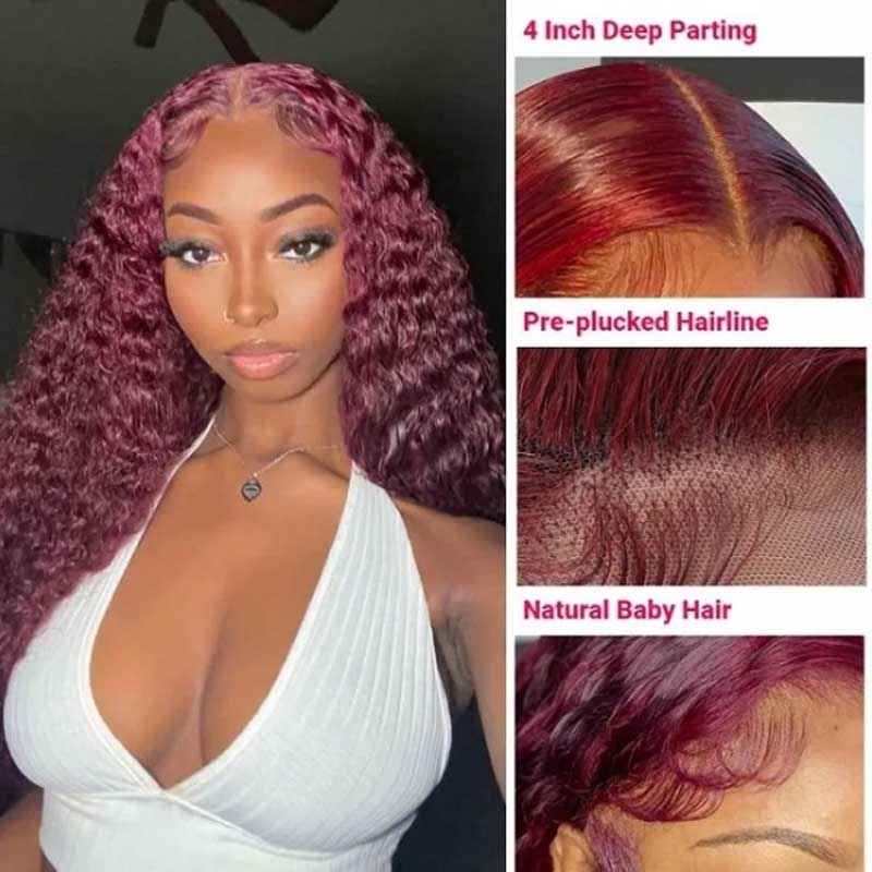 Burgundy Deep Wave Lace Frontal Wigs Human Hair 99J Colored