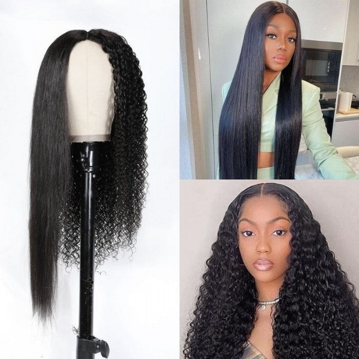 Ulike V Part 2 In 1 Wig Curly Magic Wet And Wavy V Part Curly Human Hair Black Wig 180% Density